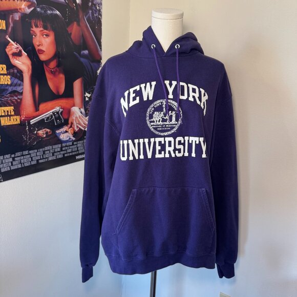 Champion Tops - Collegiate New York University Purple and White Long Sleeve Hooded Sweatshirt